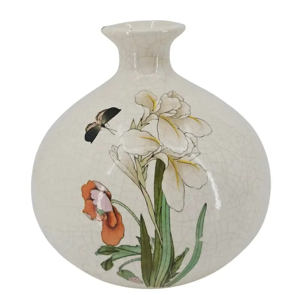 Vintage Japanese Crackle Craze Pottery Vase Butterfly Floral White 7” Tall